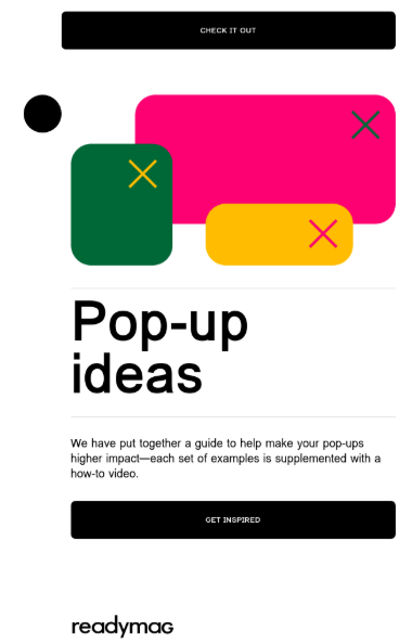 Readymag email continuation showing pop-up tutorials and design resources for platform education and engagement